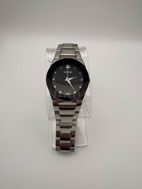 Geneva Black Dial Silver Bracelet Men's Watch New Battery Works